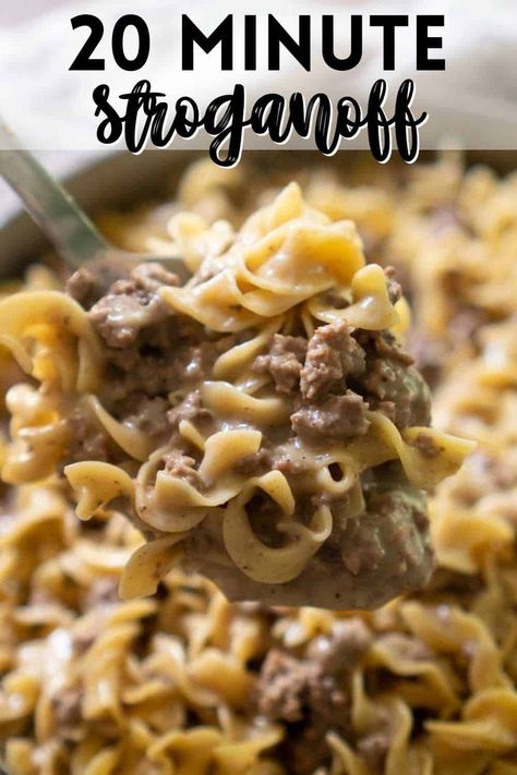 Ground beef stroganoff is an easy 20 minute, one pan meal made with cream of mushroom soup. It's a family favorite and perfect for busy weeknights! Beef Stroganoff Crockpot, Beef Stroganoff Easy, Ground Beef Stroganoff, Beef Ground, Cream Of Mushroom Soup, Stroganoff Recipe, Beef Casserole Recipes, Cream Of Mushroom, Dinner With Ground Beef