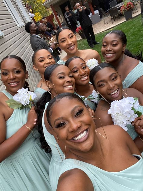 Sage Green African Wedding, Sage Green Wedding Black People, Sage Green Bridesmaid Dresses Black Women, African American Bridesmaids, Wedding Loading, Groomsmen Attire Black, Sage Green Wedding Theme, Bridesmaid Hairstyle, Green Wedding Suit