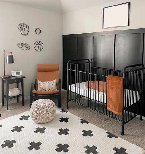 Black Crib Nursery, Modern Boy Nursery, Black Crib, Brown Nursery, Trendy Nursery, Nursery Accent Wall, Black Nursery, Boy Nursery Themes, Baby Room Organization