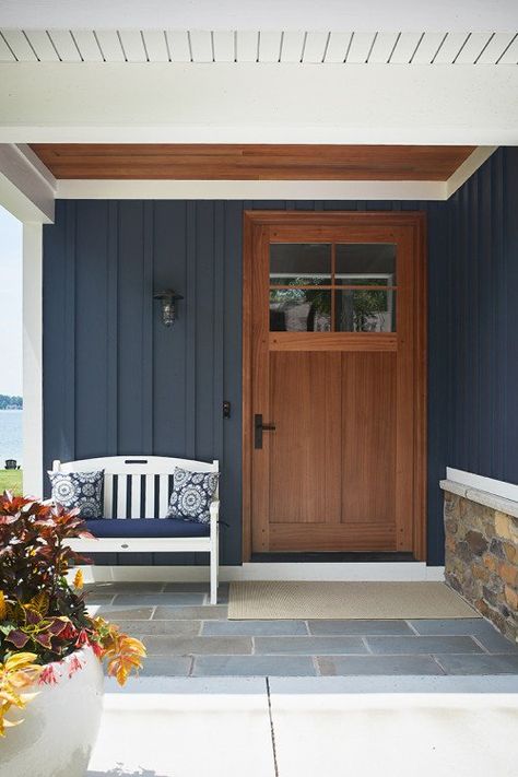 Midnight Blue Board And Batten Siding, Dark Blue Houses Exterior, Cedar Front Porch, Blue Exterior House Colors, Craftsman Lake House, Dark Blue House Exterior, Navy Blue Houses, Dark Blue Houses, Michigan Lake House