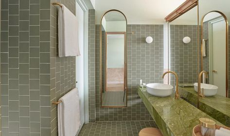 A monochrome green bathroom in a City View room. Note the mirror on tracks at right, the other side of a plywood built-in. Room City View, Inspirational Bathroom Decor, Heath Ceramics Tile, Bathroom Public, Calile Hotel, Public Restroom Design, Small Hotel Room, Colorful Bathrooms, Brisbane Architects