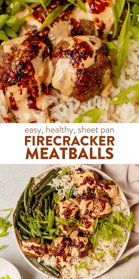 Healthy Meals With No Vegetables, Fun New Dinner Recipes, Clean Winter Recipes, Chef Iq Recipes, Hello Fresh Firecracker Meatballs Recipe, Meatballs And Green Beans, Bang Bang Meatballs, Low Budget Dinner Recipes, Recipes For Dinner Parties