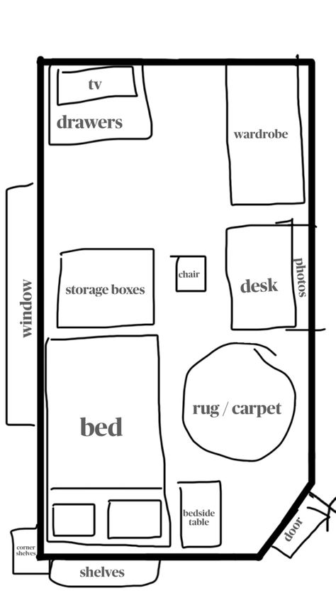 my dream bedroom layout Room Arrangement Ideas Bedroom Simple, Flat Room Ideas Bedrooms, Long Room Layout Bedroom Ideas, Basic Small Room Ideas, How To Organize Room Bedrooms, Good Bedroom Layouts, Moving Room Around Ideas Bedrooms, Bedroom Rearranging Ideas Layout, Odd Room Layout Ideas