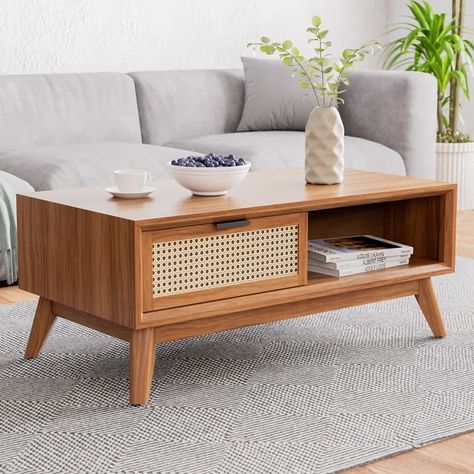 Bay Isle Home Ailia Coffee Table | Wayfair Large Rectangle Coffee Table, Wood Coffee Table With Storage, Living Room Center, Wood Coffee Tables, Rectangle Coffee Table, Rattan Design, Coffee Table With Drawers, Mid Century Modern Coffee Table, Rattan Coffee Table