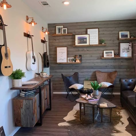 Home Music Lounge, Home Office And Music Room, Guest Room Music Room Combo, Floating Shelves Music Room, Decorating A Music Room Ideas, Home Music Listening Room, Music Space In Living Room, Decorating Music Room, Music Nook Spaces