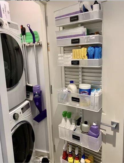 Apartment Laundry Room, Laundry Closet Organization, Small Laundry Closet, Apartment Laundry, Small Closet Storage, Craft Room Closet, Home Office Closet, Condo Decor, Basement Laundry Room