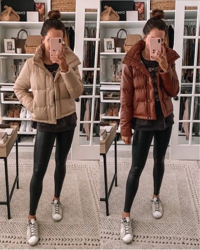 Camel Puffer Jacket Outfit, Leather Puffer Jacket Outfit, Puffer Jacket Outfits, Puffer Jacket Outfit, Comfy Outfits Winter, Leather Puffer Jacket, Leather Puffer, Jacket Puffer, Fall Winter Wardrobe