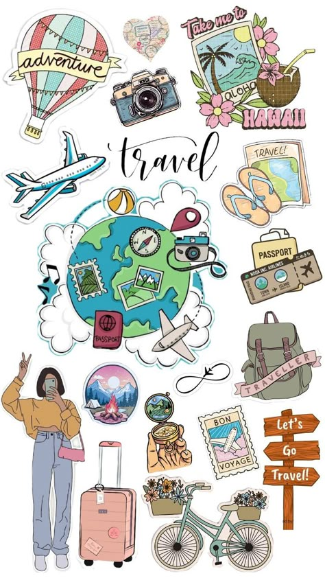 One life.One World.Explore it !! Travel Stickers Printable, Iphone Background Inspiration, Phone Cover Stickers, Travel Journal Scrapbook, Printable Vintage Art, Travel Collage, Sticker Design Inspiration, Arte Van Gogh, Iphone Wallpaper Fall