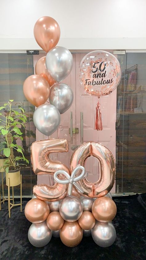 Rose GoldSilver Silver Rose Gold Party, 40 Birthday Balloons Decoration, 50th Birthday Ballons Decoration, Balloon Decorations 40th Birthday, 50th Rose Gold Birthday Ideas, Rose Gold Balloon Decor, Party Centerpiece Ideas Birthday, Rose Gold Balloons Party Ideas, 60th Birthday Ideas Woman