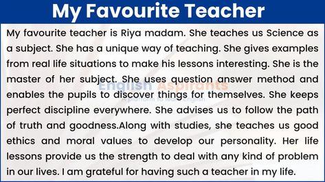 Essay on My Favourite Teacher My Favourite Teacher Essay, My Best Teacher Essay, My Teacher Essay, English Paragraph, Self Reflection Essay, Doctor Logo Design, Doctor Logo, Vocabulary Exercises, Star Of The Week