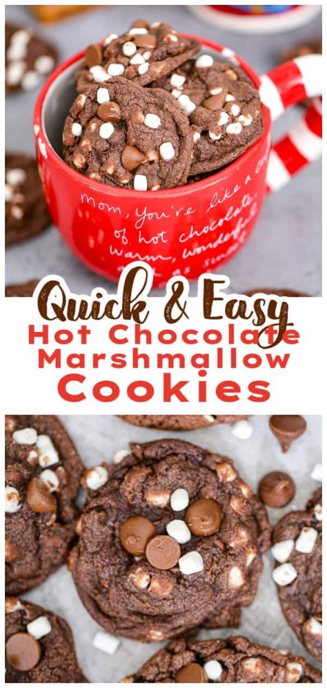 Delve into the deliciousness of these easy and simple homemade Hot Chocolate Marshmallow Cookies. A fun, chewy treat that's perfect for seasonal indulgence. This hassle-free recipe brings you the joy of winter desserts right at your fingertips, making your holidays extra sweet and unforgettable. Grab your baking kit and start creating your very own chocolatey heaven. Chewy Hot Cocoa Cookies, Chocolate Marshmallow Cookies Recipe, Hot Cocoa Cookies Easy, Easy Hot Chocolate Cookies, Hot Chocolate Cookies With Marshmallows, Hot Chocolate Cookies Recipe, Hot Chocolate Marshmallow Cookies, Marshmallow Cookie Recipes, Hot Chocolate Cookie Recipes