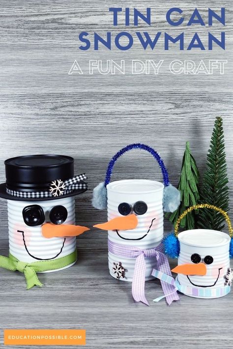 Winters can be long, so liven up your home with a tin can snowman. This recycled craft is incredibly easy to complete, making it perfect for kids and adults. This simple project can be finished in less than 30 minutes and makes an adorable winter decoration. Spend some time together creating a whole family of snowmen out of tin cans. Snowman Made Out Of Tin Cans, Mini Pail Crafts, Coffee Tin Can Ideas Christmas, Coffee Can Diy Projects Christmas, Christmas Crafts With Soup Cans, Can Snowman Craft, Tin Can Snowman Crafts, Tin Can Christmas Tree, Repurposed Christmas Decor