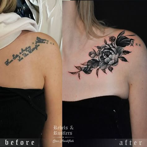 Tattoo Covers For Women, Tattoo Writing Cover Up Ideas, Womens Lower Back Tattoos Cover Up, Flower Tattoos On Chest Cover Up, Cover Up Chest Tattoos Women, Chest Cover Up Tattoos For Women, Clavicle Tattoo Cover Up, Words Cover Up Tattoo, Tattoo Cover Up Ideas For Women Hip