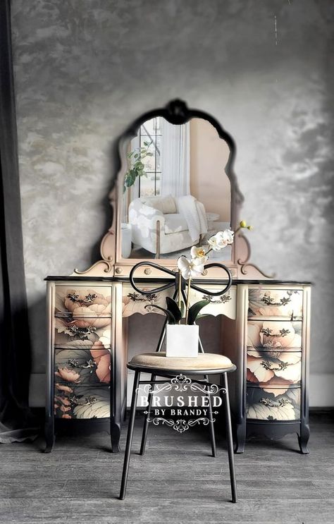 Brushed by Brandy Desk And Mirror, Espresso Stained Wood, French Provincial Vanity, Furniture Recycle, Floral Vanity, Brushed By Brandy, Shades Of Cream, Bedroom Furniture Ideas, Bold Floral Print