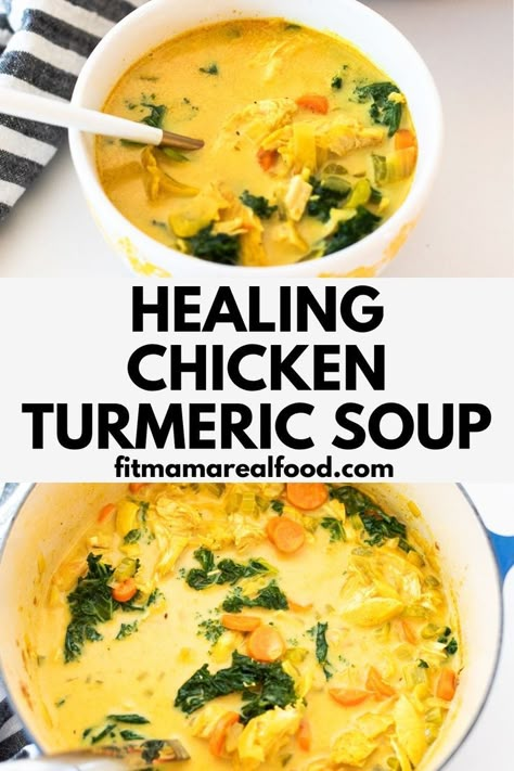 Healthy golden healing chicken turmeric soup is everything you want when you’re searching for comfort and nourishment together. In this warming, delicious recipe we are combining loads of veggies, protein packed chicken, turmeric, ginger and all the goodness of bone broth. The little secret ingredient (red curry paste) pairs so well with the turmeric and coconut milk. You will want to sip this soup up! Chicken Turmeric, Ginger Chicken Soup, Turmeric Soup, Healing Soup, Coconut Milk Soup, Ginger Chicken, Curry Soup, Fit Mama, Red Curry Paste