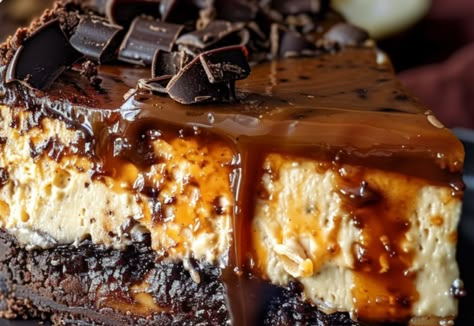 Caramel Brownie Cheesecake Chocolate And Caramel Cheesecake, Caramel Fudge Cheesecake, Salted Caramel Brownie Cheesecake, Caramel Brownie Cheesecake Recipe, Carmel Brownie Cheesecake Recipe, Turtle Brownie Cheesecake, Fast Deserts, Easy Christmas Goodies, Caramel Brownie Cheesecake