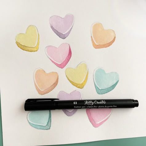 Candy Hearts Valentine’s Day Tutorial – Kelly Creates Valentine's Day Cards Diy Watercolor, Candy Hearts Watercolor, Candy Heart Watercolor, Cute Watercolor Valentines, Watercolor Candy Hearts, Watercolor Vday Cards, Valentine’s Day Watercolor Easy, Candy Heart Art Project, Watercolor Conversation Hearts