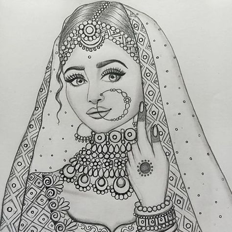 Bridal Drawing Indian, Bride Sketches Indian, Bridal Mandala Art, Bridal Drawing Indian Sketch, Traditional Design Drawing, Heeramandi Drawing, Girly Drawings Cute Beautiful, Bride Illustration Art, Indian Bride Sketch