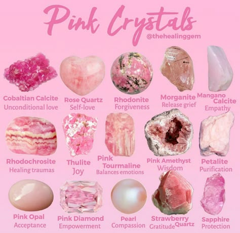 Pink Stones And Crystals, Aphrodite Crystals, Pink Crystal Aesthetic, Pink Witchcraft, Pink Magic Aesthetic, Lady Aphrodite, Pink Aura Quartz, Gemstones Chart, Crystal Healing Chart