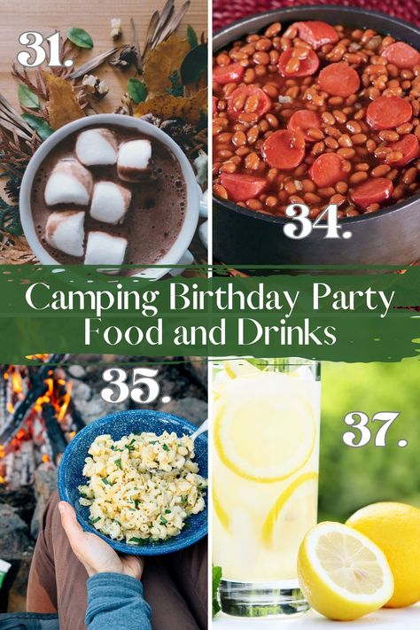 My Fun Camping Birthday Party 37 Festive Ideas - Fun Party Pop Camp Ground Birthday Party, Camping Party Theme Food, Happy Camper Food Ideas, Treehouse Birthday Party Ideas, Survival Birthday Party Ideas, Camping Theme Birthday Party Food, One Happy Camper Birthday Food, Camping Party Snacks, Smore Birthday Party Ideas