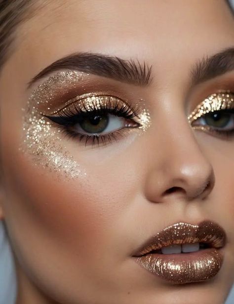 #Makeup                                                                              #glitery makeup Gold Makeup Festival, Gold Makeup Looks Natural, Goddess Makeup Halloween, Gold Sparkle Makeup, Festivals Makeup, Ibiza Makeup, Gold Goddess Makeup, Goddess Costume Makeup, Greek Goddess Makeup