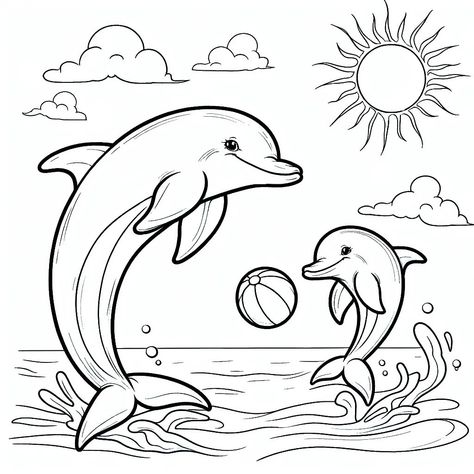 Dolphin Outline, Baby Dolphin, Dolphin Coloring Pages, Baby Dolphins, Boy Drawing, Water Animals, Animal Coloring, Outline Drawings, Landscape Drawings