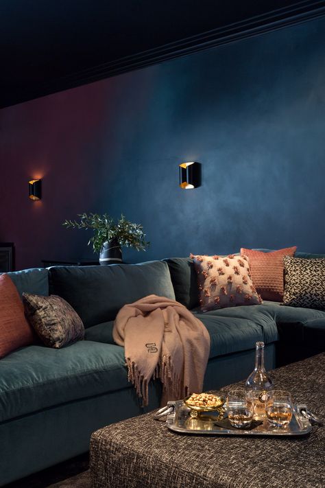 These Basement Paint Colors Will Make Your Walls Feel Both Timeless and Fresh | Hunker Media Room Paint Colors, Sala Cinema, Basement Movie Room, Basement Colors, Basement Paint Colors, Contemporary Basement, Basement Painting, Home Theater Room Design, Blue Sectional