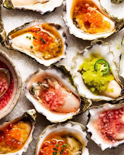 Oysters On The Half Shell Sauces, Acme Oyster House Chargrilled Oysters, Raw Oysters Toppings, Grilled Oyster Recipes, Oyster Recipes Raw, Oyster Condiments, Miso Oysters, Oyster Minionette Sauce Recipes, Raw Oyster Toppings