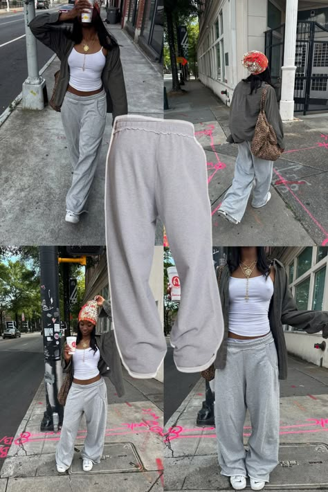 PANTS LINKED TO PIN | outfit inspo, outfit ideas, outfit, clothes, dream clothes, shoes, fashion inspo, fashion outfits, spring outfit, fall outfits, winter outfits, summer fits, outfit ideas for school, summer outfits 2024, vintage, clean girl, aesthetic, y2k, y2k outfits, chic outfits, pretty outfits, gray sweats, grey joggers, gray sweats outfits, grey sweats outfits, gray sweatpants outfit, baggy sweatpants, comfy school outfits, going out outfits, trendy, cute Comfy Grey Sweatpants Outfit, Grey Sweatpants Outfit Streetwear, How To Make Sweats Look Cute, Grey Cuffed Sweatpants Outfit, Baggy Gray Sweatpants Outfit, How To Style Grey Sweatpants For Winter, School Outfits Comfy Lazy Days, Grey Pants Outfit Black Women, Gray Sweat Pants Outfits