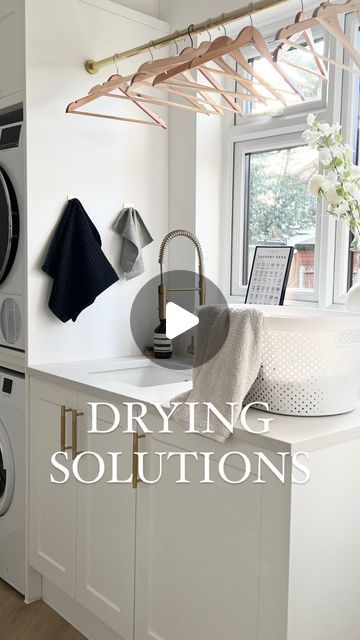 Paula Denham | Home Decor & Interiors |📍Essex, UK on Instagram: "2 of the 3 drying solutions in our utility room (the 3rd being the tumble dryer) 🧺 The wall hung clothes rack that went a bit viral last year will always be our laundry best buys. We chose them because they don’t protrude into the room too much which was necessary as you have to walk through this room to get to the downstairs loo. They can also be closed away easily. The second is the hanging rail. It basically works like a curtain rail so is held up by tension - no drilling required! Holds 50kg and great to hang clothes that I don’t want to iron 😏 I’ll link in my stories or you can find these in my Amazon storefront, link in bio 🔗 #utilityroom #laundryroom #laundrysolutions #laundryday #homerenovation #housereno #dryings Brass Hanging Rail Laundry, Utility Clothes Drying, Hanging In Laundry Room, Hanging Rail Laundry, Radiator Drying Rack, Small Utility Drying Ideas, Utility Room Hanging Rail, Utility Drying Ideas, Tension Rod Laundry Room