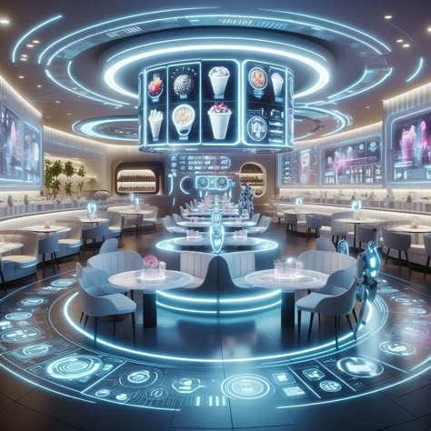 Futuristic Kitchen Concept Art, Sci Fi Restaurant, Futuristic Cafeteria, Futuristic Food Ideas, Futuristic Coffee Shop, Cyberpunk Restaurant, Futuristic Cafe, Sci Fi Apartment, Futuristic Restaurant