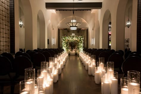 Candle Lit Aisle Wedding, Candle Lit Wedding Aisle, Candle Wedding Aisle, Inside Wedding Ceremony, Aisle With Candles, Black And White Wedding Ceremony, Wedding Aisle Candles, Candlelit Wedding Reception, Wedding Church Aisle