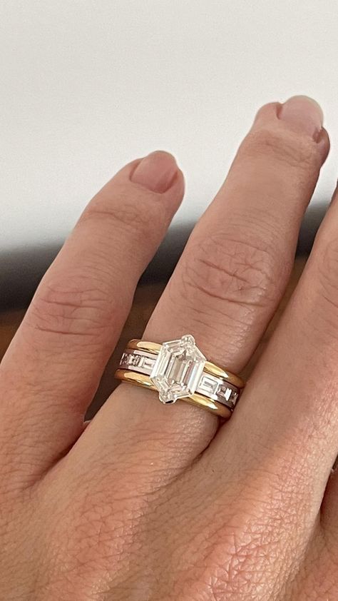 Mixed Metals Engagement Ring, Elongated Hexagon Ring, Hexagon Ring Engagement, Mixed Metal Engagement Ring, Mixed Metal Engagement Rings, Hexagon Diamond Ring, Hexagon Engagement Ring, Were Open, Pretty Engagement Rings