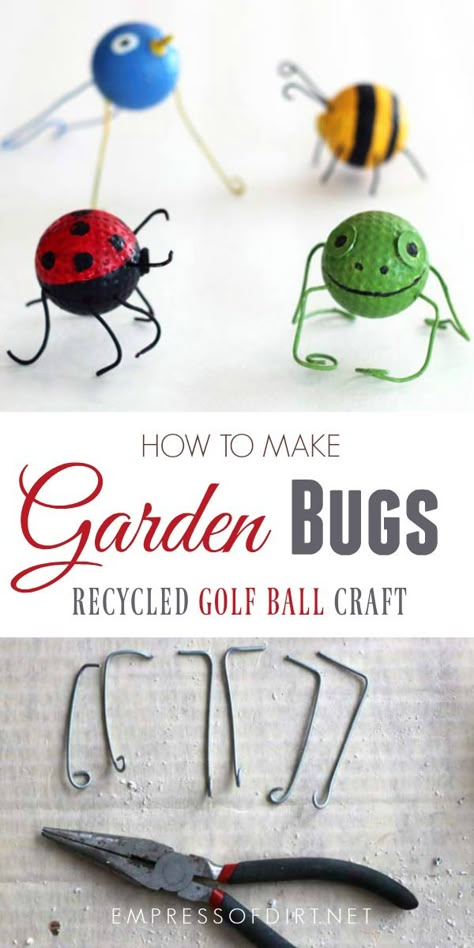 How to make golf ball buggies including cute frogs, ladybugs, birds, and bees from old golf balls. #recycled #crafts #empressofdirt Golfball Crafts, Golf Ball Art, Ball Craft, Golf Crafts, Golf Birthday Gifts, Golf Ball Displays, Golf Ball Gift, Golf Ball Crafts, Recycled Crafts Kids