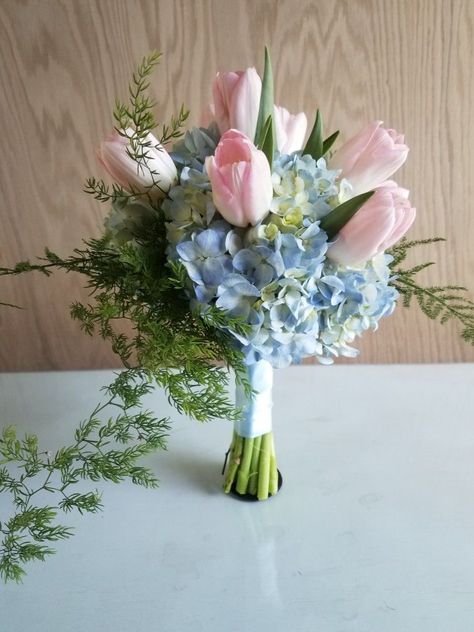 Flowers Tulips Bouquet, Blue Hydrangea Wedding, Tulips Bouquet, Wedding Flowers Tulips, Celestial Goddess, Shower Flowers, Prom Bouquet, Hydrangea Bouquet Wedding, Wedding Flowers Hydrangea