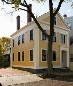 Greek Revival Cottage | Greek Revival Town Hall Exterior, Greek Revival Home Exterior, New England Exterior, Greek Revival Farmhouse, Yellow House Exterior, Modern Exterior Design, Greek Revival Architecture, Colonial House Exteriors, Greek Revival Home