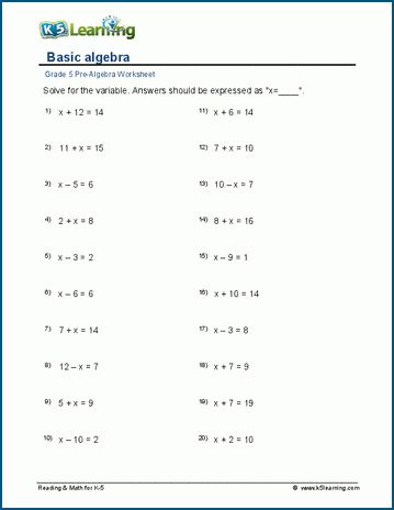 Students solve basic algebraic equations using the 4 operations. Free | Worksheets | Grade 5 | Pre-Algebra | Printable Solve For X Worksheet, Simple Algebra Worksheets, Algebra Worksheets For Grade 6, Basic Algebra Worksheets With Answers, Basic Algebra Worksheets, Algebra Equations Worksheets, Solving Algebraic Equations, Grade 6 Math Worksheets, 8th Grade Math Worksheets