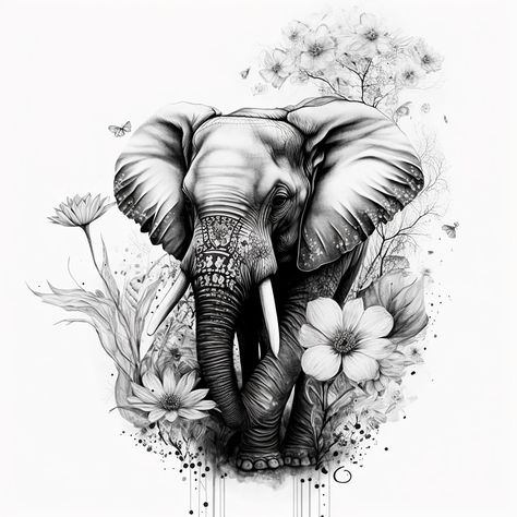 Elephant And Tiger Tattoo, Safari Animal Tattoos, Elephant Tattoos With Flowers, Elephant Art Tattoo, Elephant Mandala Tattoo, Safari Tattoo, Realistic Elephant Tattoo, Marathon Tattoo, Geometric Elephant Tattoo