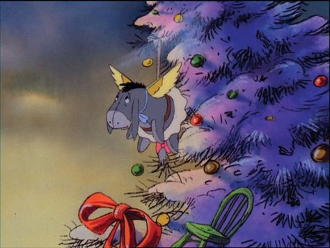 Eeyore dressed as a Christmas angel tied to the giant Christmas tree Christmas Tv Specials, Cartoon Christmas Tree, Christmas Tree Wallpaper, Winnie The Pooh Pictures, Winnie The Pooh Christmas, Images Disney, Christmas Collage, Xmas Wallpaper, Tree Wreath