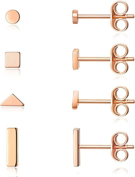 Amazon.com: Sterling Silver Stud Earrings for Women Men- 4 Pairs of Hypoallergenic Simple Geometric Small Stud Earring Set Tiny Circle Triangle Square Bar Stud Earrings Mini Cartilage Tragus Earrings(Rose Gold): Clothing, Shoes & Jewelry Cute Stud Earrings, Square Bar, Tanks Tops, Triangle Square, Geometric Studs, Triangle Studs, Womens Earrings Studs, Bar Stud Earrings, 1 Rose