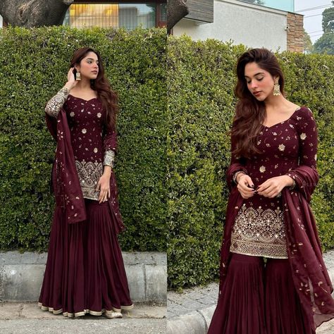 ❤️ 9601606887 👈for Order and More Details☝️ 💥Launching New Designer Party Wear Look Top , Sharara Plazzo and Dupatta👌❤️ (ND-5006) 💃 Fabric Detail 💃 💃 Top Fabric * : Heavy Shinon Silk Material With 5mm Sequence Embroidery Work. with *( Fully Sleeves ) 💃Top Inner : Micro Cotton 💃Top Size : M(38),L(40),XL(42),2XL(44) + Margin (Fully Stiched) 💃Top Length : 37-38 Inches 💃Sharara Palazzo : Heavy Shinon Silk With Ready-Made Less Work. (Fully Stiched Sharara Palazzo Styles and Length is 41-4... Designer Dresses Indian Salwar Kameez, Palazzo Styles, Sharara Suit Designs, Long Skirt Top Designs, Pakistani Sharara, Wedding Salwar Suits, Bollywood Suits, Sharara Designs, Saree Bollywood