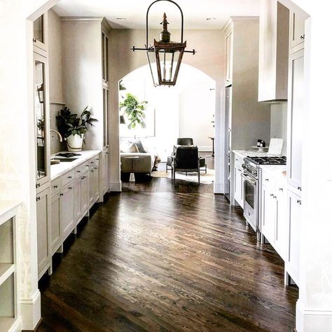 Wide galley kitchen: 1,178 Likes, 12 Comments - The Potted Boxwood (@thepottedboxwood) on Instagram: “I love a wide galley kitchen 🍃 this one by @gardenvarietydesign is particularly lovely #kitchen…” Wide Galley Kitchen, Galley Kitchen Lighting, 1920 House, Potted Boxwood, Greige Design, Galley Kitchen Design, Before After Kitchen, Lovely Kitchen, Historic Renovation