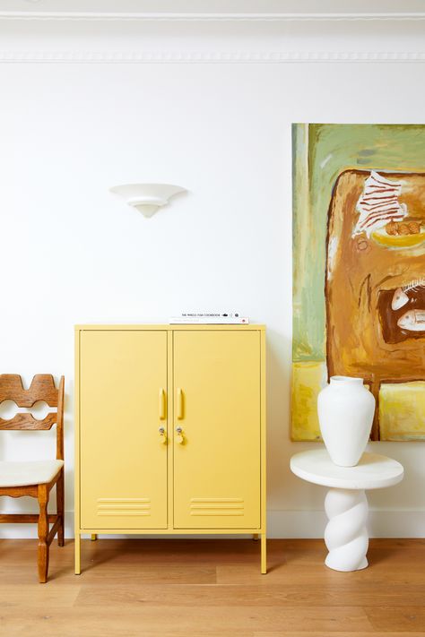 We're seeing Millennial grey replaced by warm white and beige by Butter yellow. Learn how to step away from sterile, harsh colour palettes and instead into warm, rich tones and textures with Mustard Made lockers instead.   #mustard #mustardmade #mustardmadelockers #lockers #storage #dopaminedecor #beigefreecolours #beigefreeneutrals Toy Cupboard, Mustard Made, Green Dinner Plates, Home Lockers, Lounge Dining Room, Kitchen Lounge, Inside Door, Square Photos, Essential Items