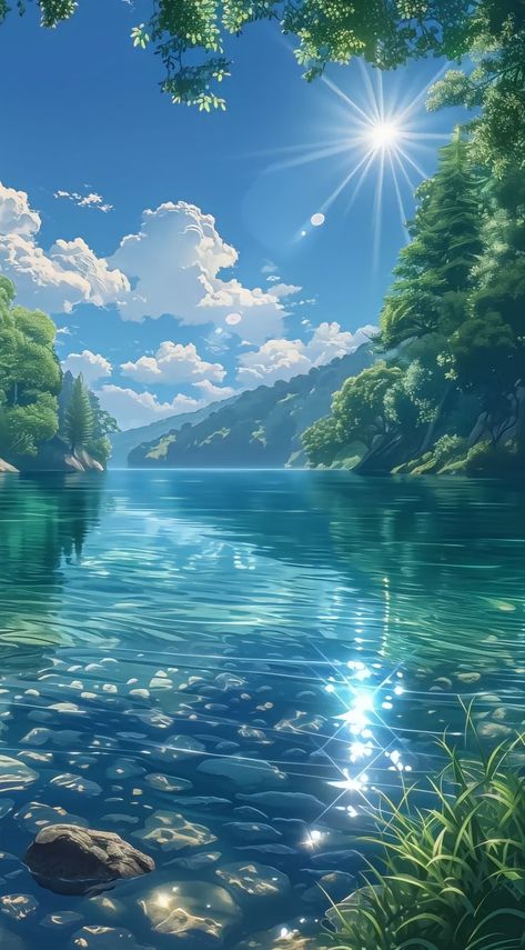 Cute Blue Sky Wallpaper, Water Nature Wallpaper, Nature Wallpapers For Phone, Cute Pictures Wallpaper Beautiful Anime Art, Blue Fantasy Wallpaper, Sky And Trees Aesthetic, Pretty Blue Wallpapers, Blue Phone Backgrounds, Blue Nature Wallpaper