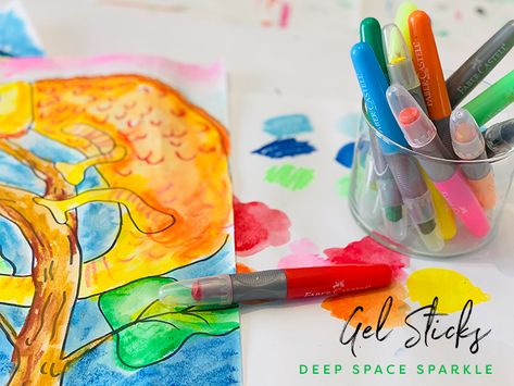 My Favorite Paint Sticks, Gel Crayons and Oil Pastels | Deep Space Sparkle Gel Crayons Art, Kingart Gel Stick Art Ideas, Gel Sticks Art, Tempera Paint Sticks Art, Watercolor Crayons How To Use, Oil Painting Crayons, Wax Crayon Melting Art, Gel Crayons, Melt Crayons On Canvas