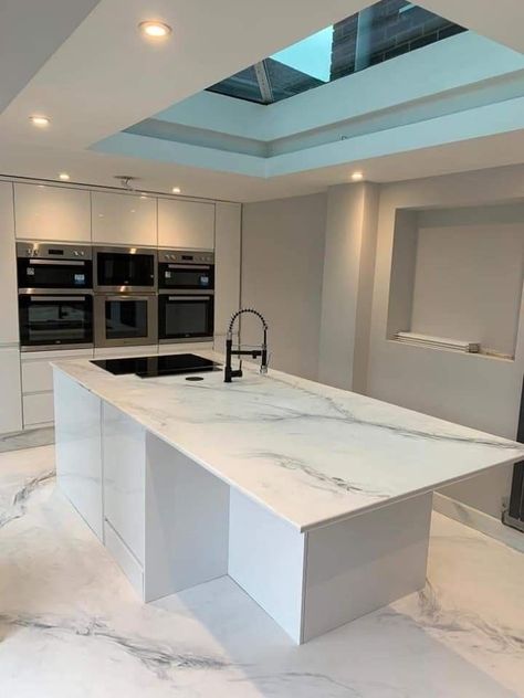 Grey Marble House Interior, Kitchen Ideas With Marble Floor, Marble And White Kitchen, Marble Flooring Design Kitchen, White Black Marble Kitchen, White Grey Marble Kitchen, White Marble Floor Kitchen Ideas, White Kitchen Marble Floor, Resin Floor Kitchen