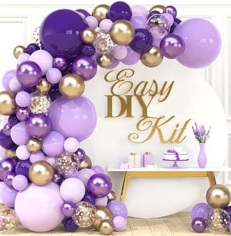 Purple Balloon Decorations Birthday, Lilac Party Decorations, Purple And Gold Balloons, Purple Gold Birthday, Purple And Gold Birthday, Lilac Party, Tying Ribbon, Balloons Purple, Gold Balloon Arch