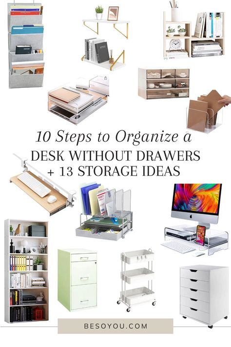 Work Desk Storage, Desk For Small Spaces With Storage, Office Space Organization At Work, Tiny Office Organization Ideas, On Desk Organization, Storage For Desk Without Drawers, Office Organization Inspiration, Office Drawers Storage, Desk Without Drawers Organization