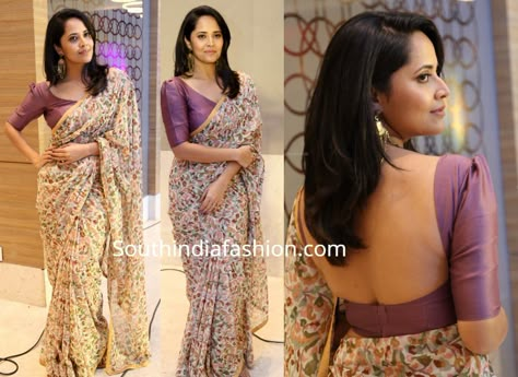 Anchor Anasuya attended F2 Movie 50 Days Celebrations event wearing a printed chiffon saree with elbow length puff sleeves blouse. A pair of gold earrings and neutral makeup rounded out her look! Blouse With Puff Sleeves Saree, Elbow Puff Sleeve Saree Blouse, Puff Saree Blouse Sleeve, Blouse For Chiffon Saree, Elbow Sleeve Blouse Designs, Elbow Sleeves Design For Blouse, Printed Saree Blouse Design, Elbow Length Blouse Designs, Buff Sleeve Saree Blouse