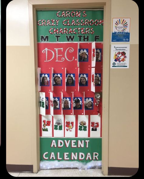 Disney Holiday Classroom Door, Christmas Bulletin Board Contest, Teacher Winter Door Ideas, Winter Holiday Doors For School, Christmas Themed Door Decorations, Christmas Door Decorating Classroom, Advent Calendar Door Decoration, Kindergarten Christmas Door Ideas, Interactive Christmas Door Decorations